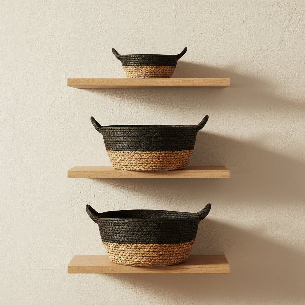 set of natural storage baskets in brown and black for home organisation