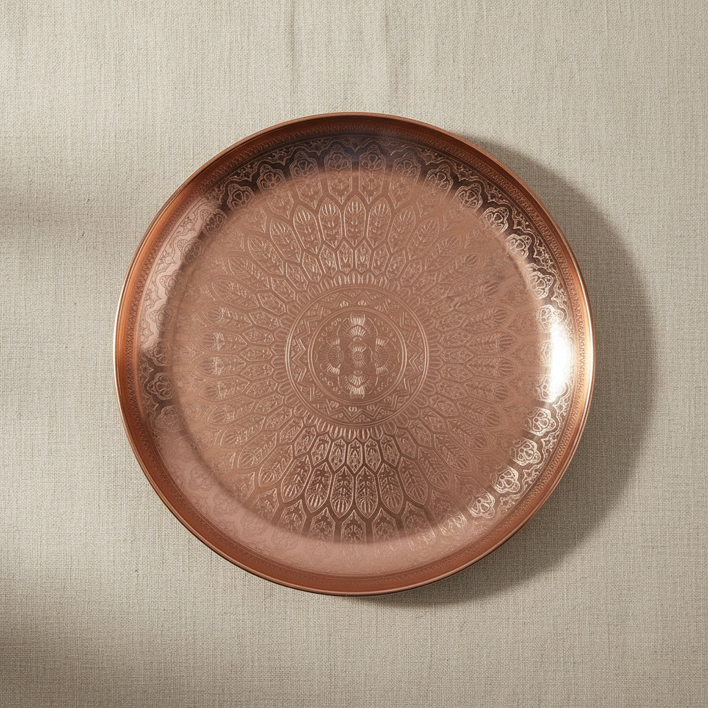 decorative copper tray with intricate pattern for candles and jewelry display