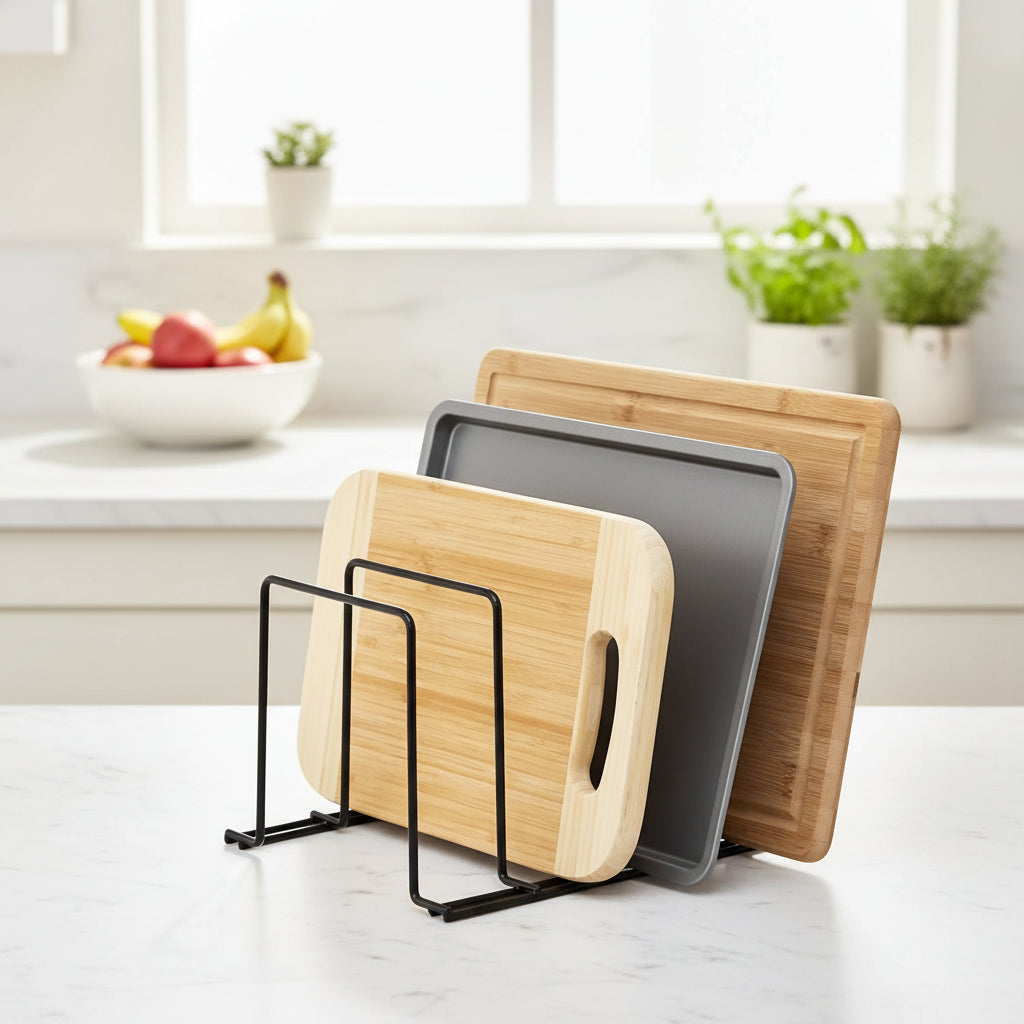 kitchen organizer storing utensils spices and everyday kitchen essentials on countertop