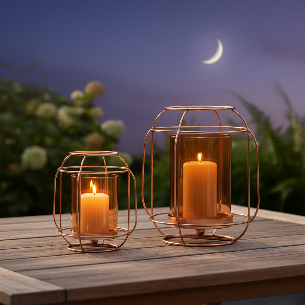 decorative lantern with amber glass and copper metal frame for warm ambient lighting