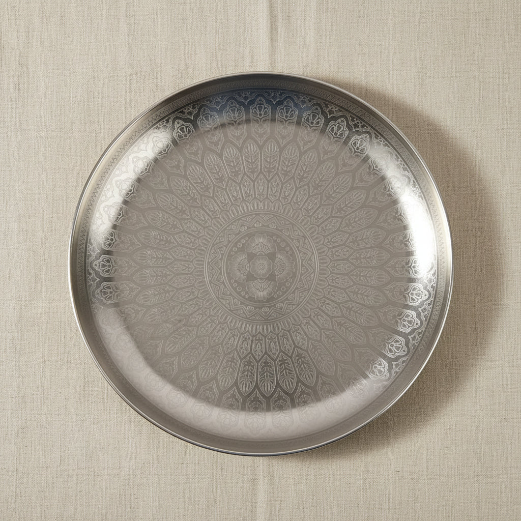 silver tone decorative tray with intricate pattern for candles and home styling