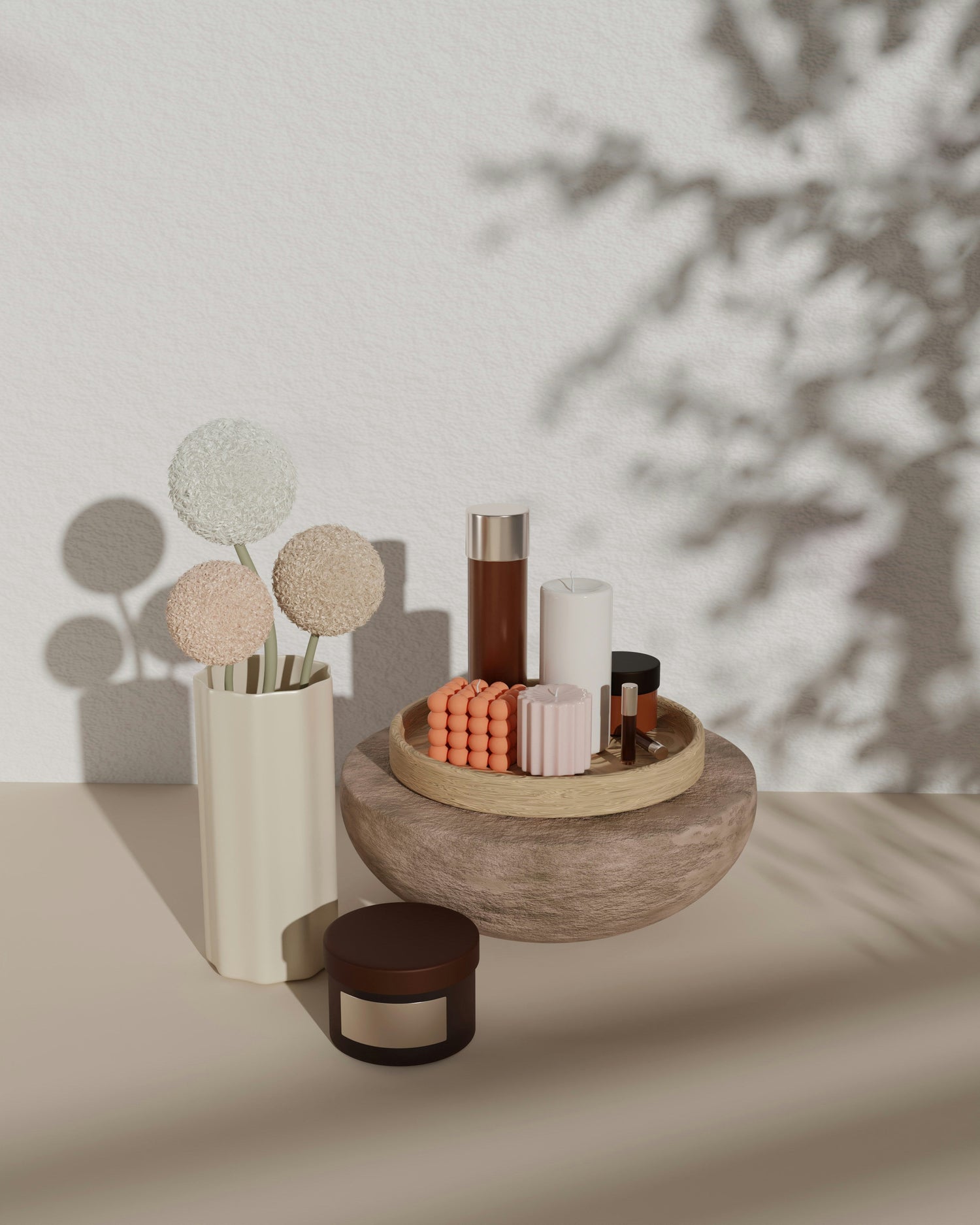 A still life arrangement of beauty and skincare items placed on a tray in soft natural light.