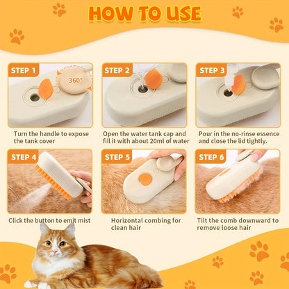 3‑in‑1 Rechargeable Steam Pet Brush for Cats & Dogs