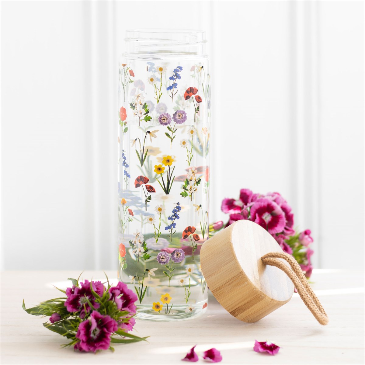 Wildflower Glass & Bamboo Water Bottle – 500 ml