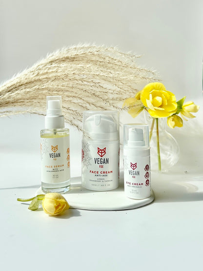 anti age skincare set with cream serum and eye cream for daily routine