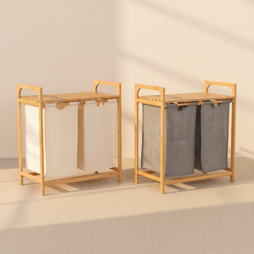 laundry basket set with bamboo frame and grey white fabric with lid for home storage