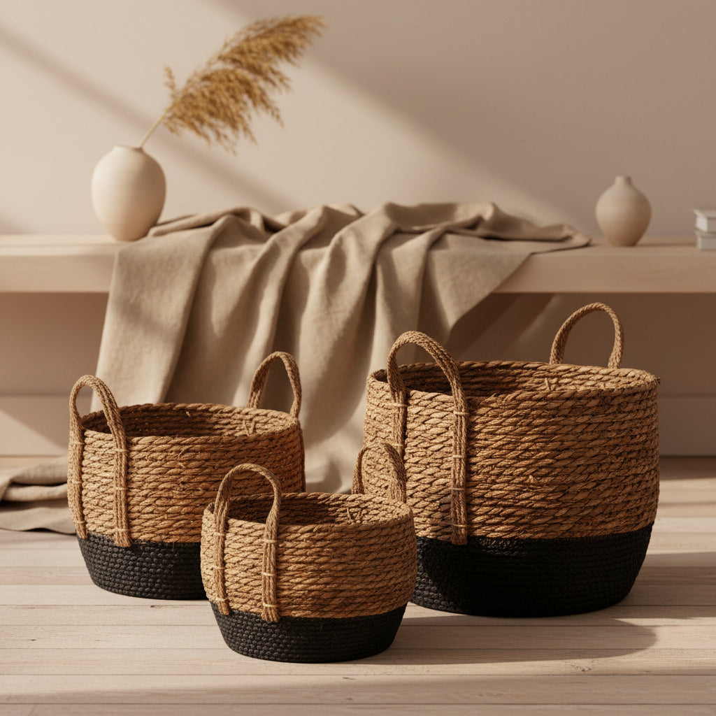 set of three higher storage baskets in brown and black made from natural material