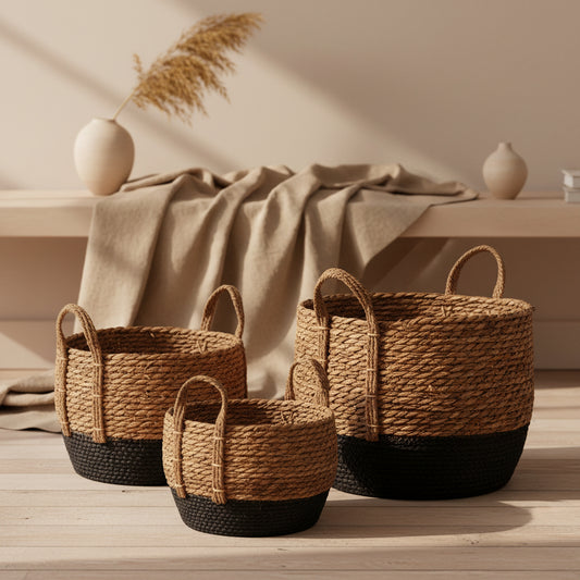 set of three higher storage baskets in brown and black made from natural material