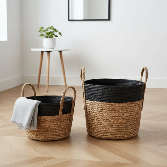 woven basket set in brown and black tones for home organisation
