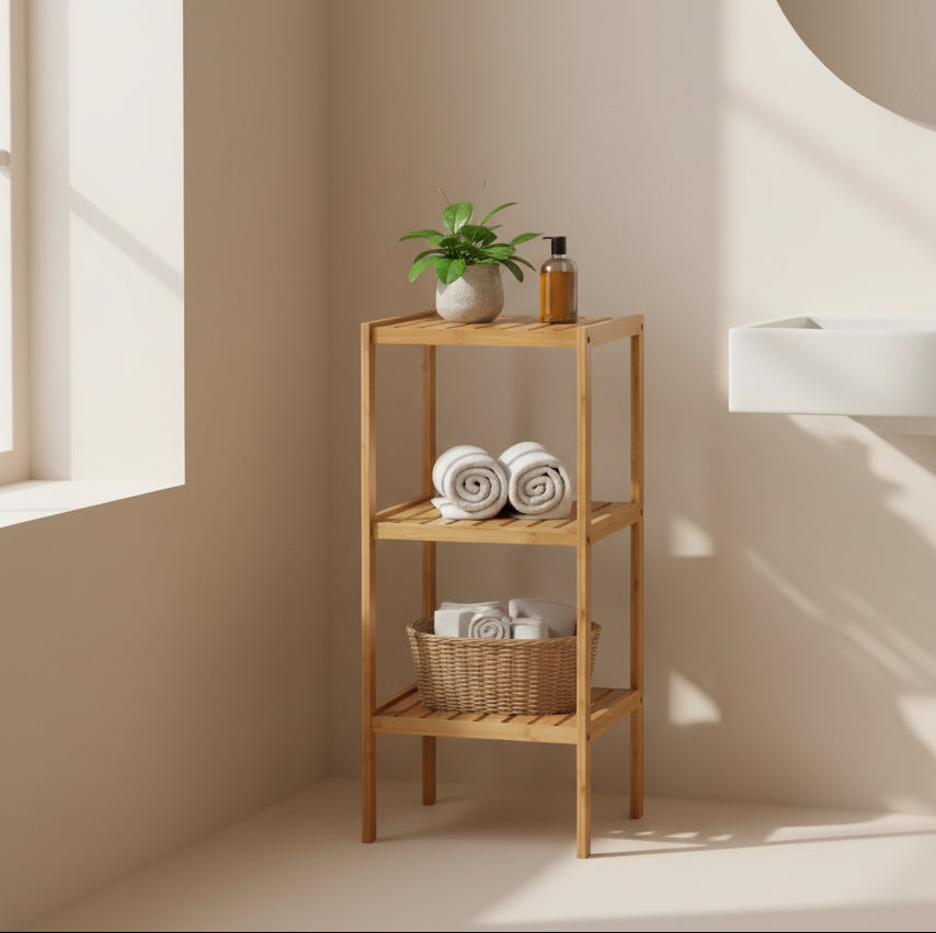 three tier bamboo bathroom shelf with open levels for storage