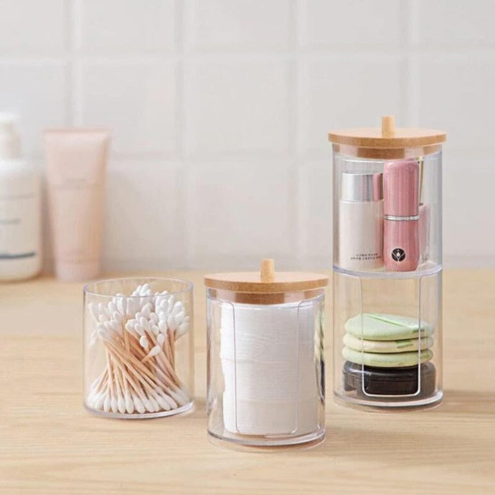 transparent bathroom storage jar with bamboo lid for organizing small items