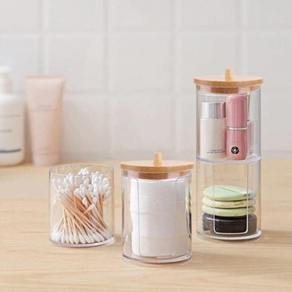 transparent bathroom storage jar with bamboo lid for organizing small items