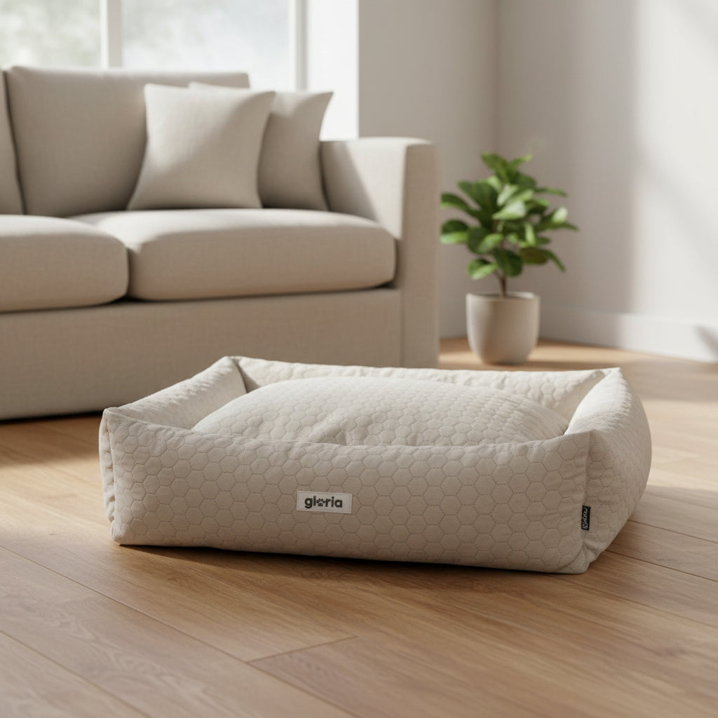 beige dog bed made of soft polyester for everyday pet comfort