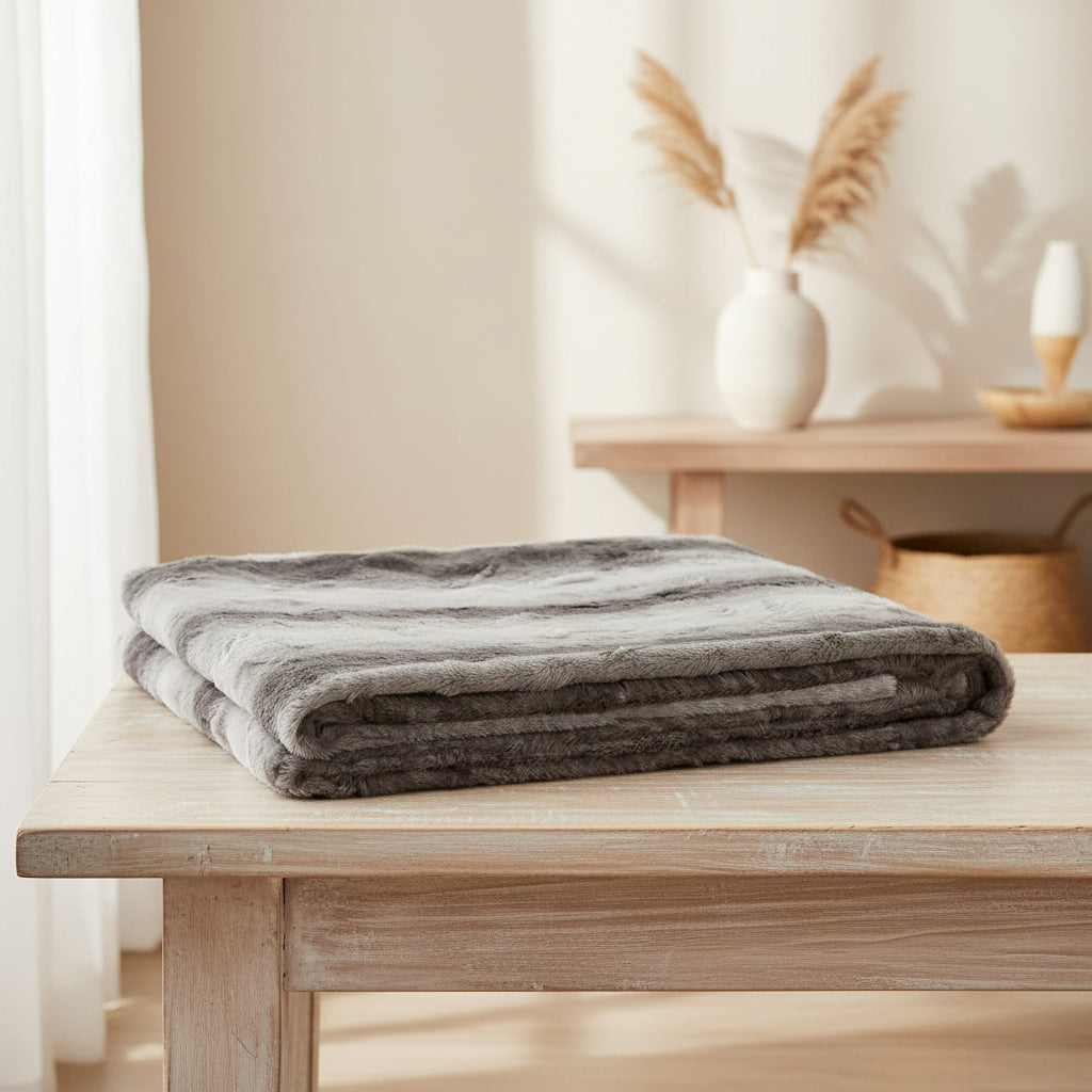 grey and white blanket with subtle animal pattern for home comfort