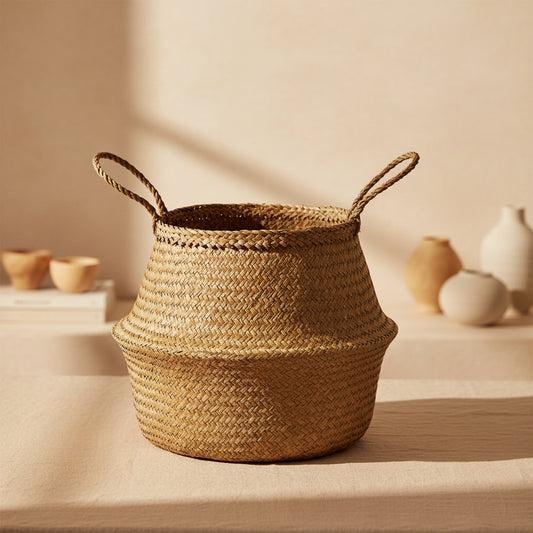 brown woven rush basket 25 liter capacity used for home storage
