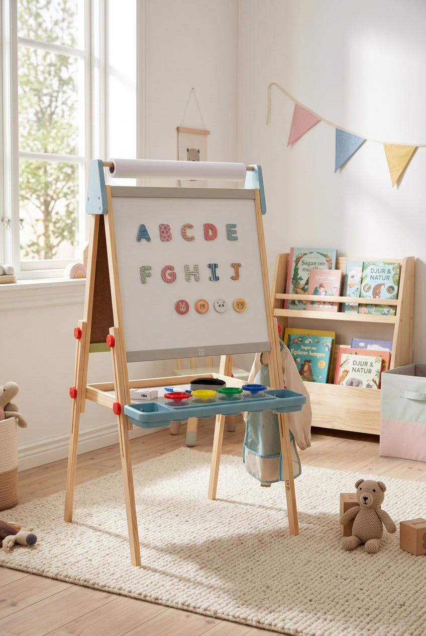 BusyKids Adjustable Standing Art Easel with dual surfaces and art accessories