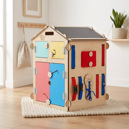 BusyKids Natura busy board house with multiple activity elements