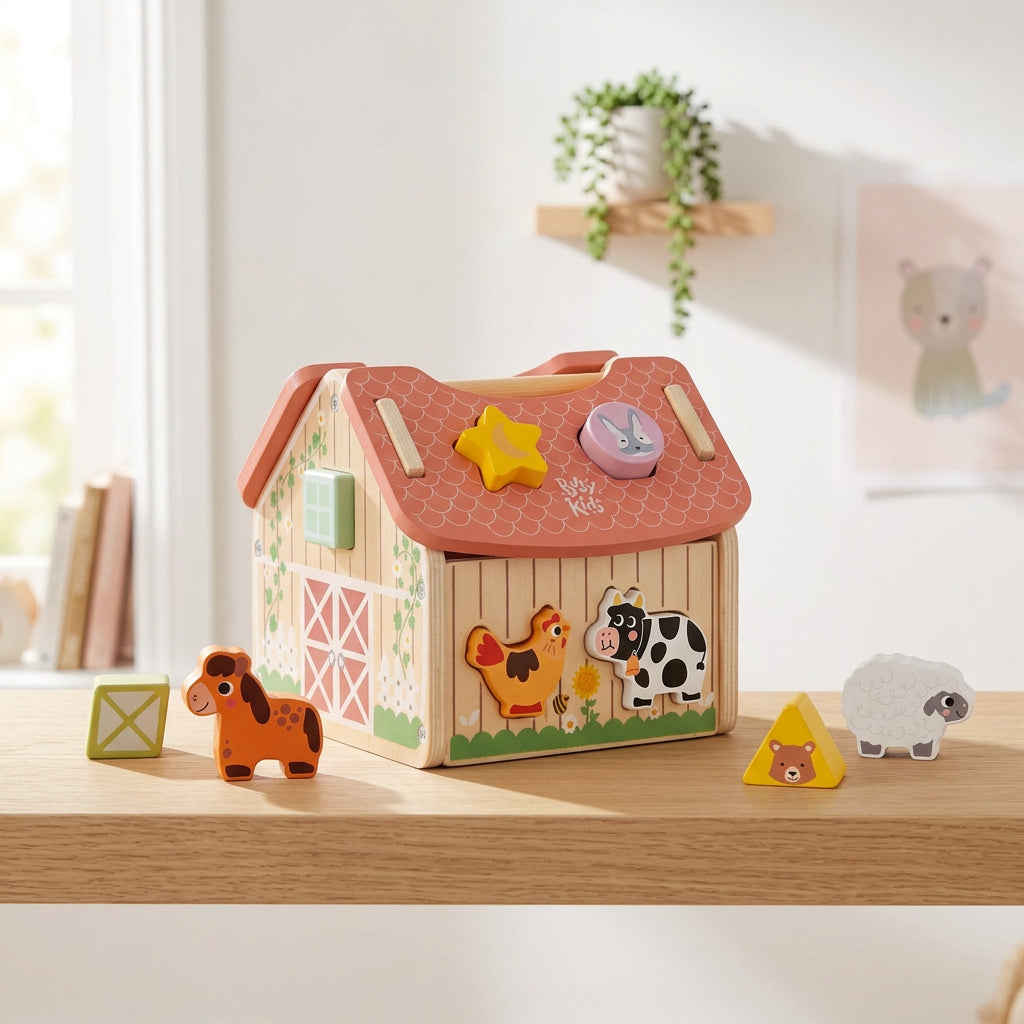 BusyKids Farm Barn Shape Sorter with colourful animal and shape pieces
