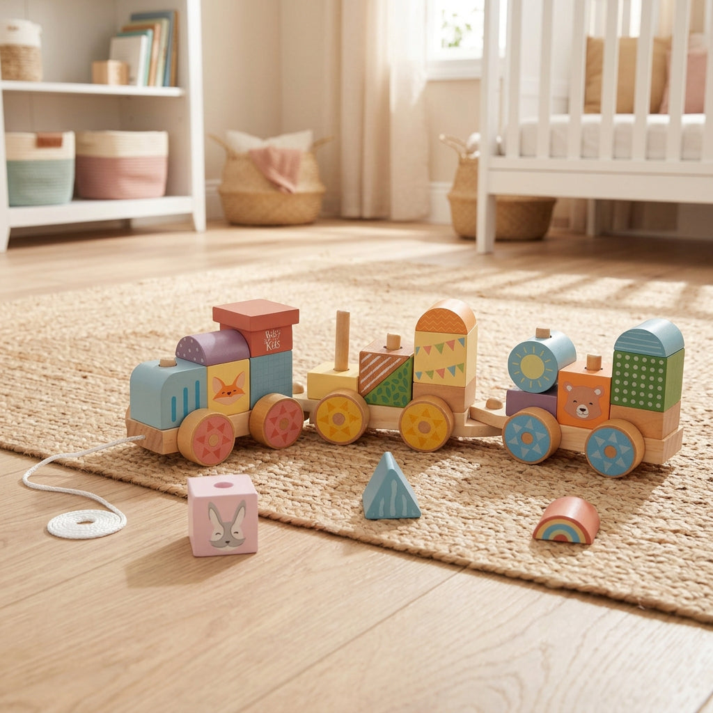 BusyKids Farm Pull-Along Stacking Train with pastel blocks