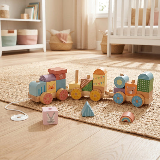 BusyKids Farm Pull-Along Stacking Train with pastel blocks