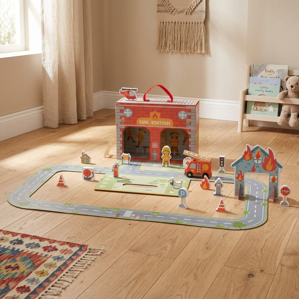 BusyKids Portable Fire Station Play Box – foldable rescue-themed scene