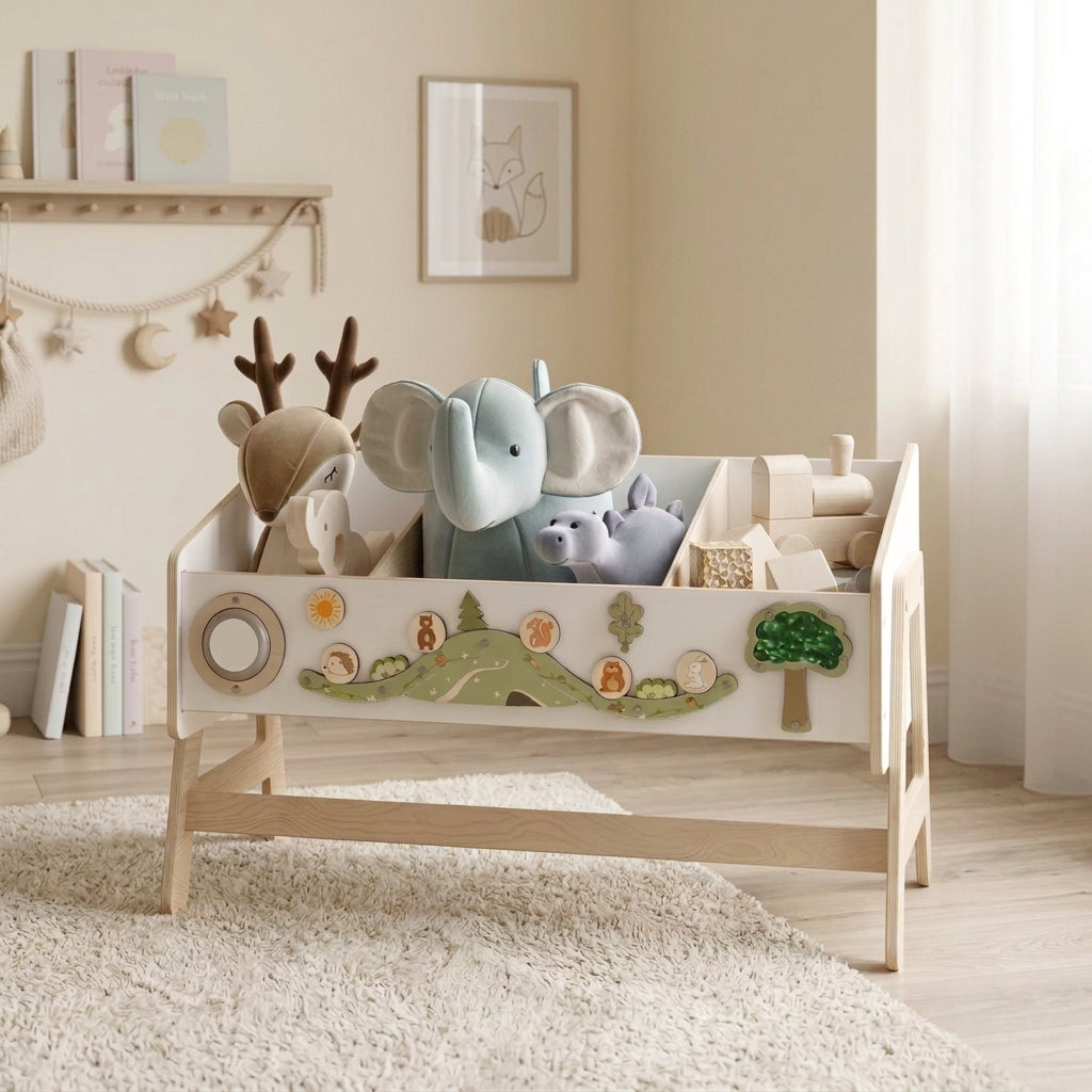 BusyKids LILU 2-in-1 toy storage shelf and children’s table with activity board