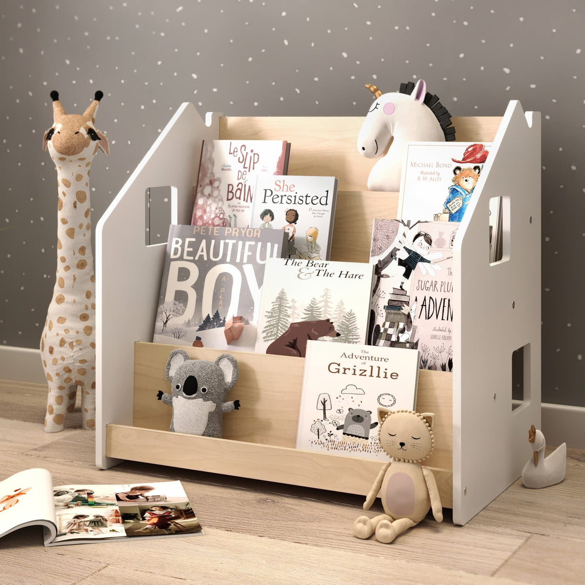 BusyKids Montessori front-facing children’s bookshelf in Grey and White