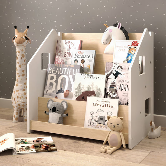 BusyKids Montessori front-facing children’s bookshelf in Grey and White