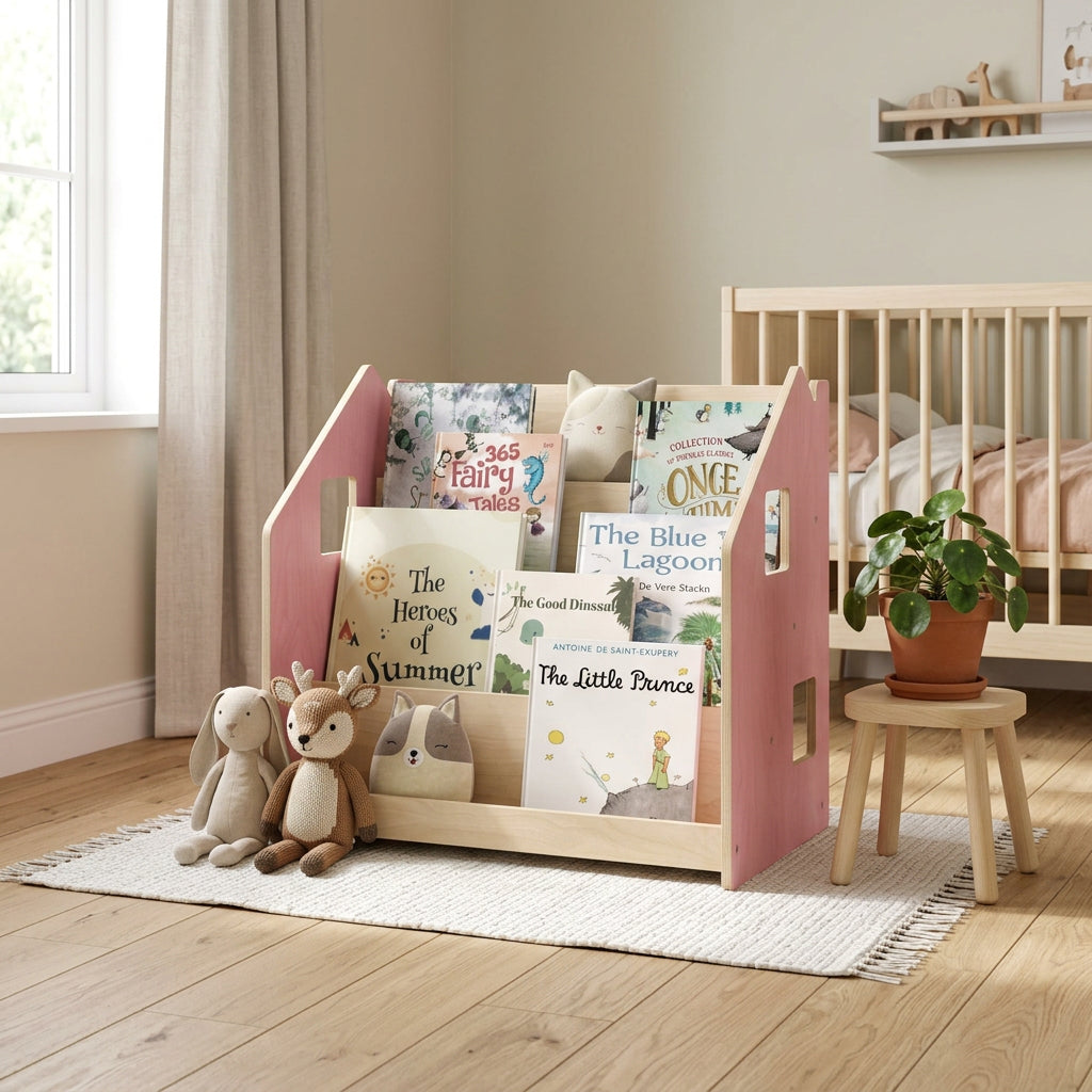 BusyKids Montessori front-facing children’s bookshelf in pastel colours