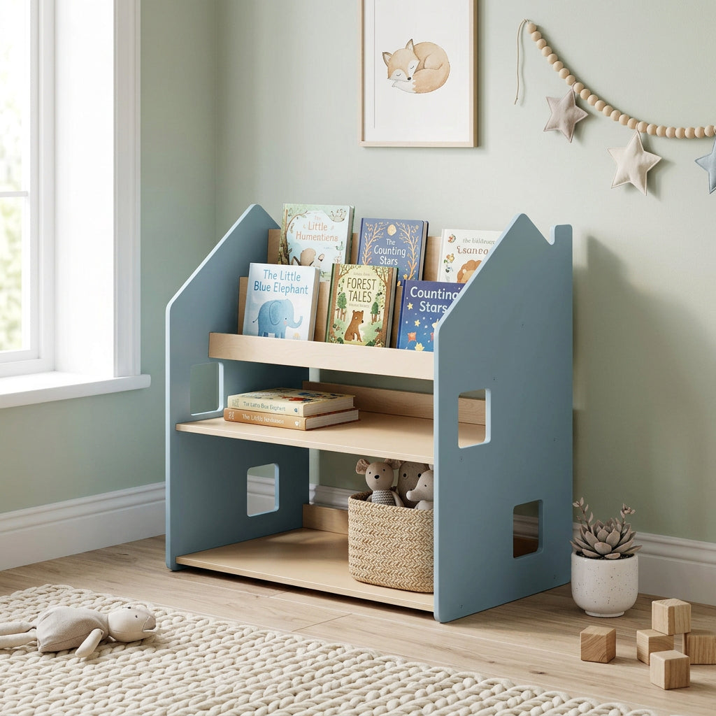 BusyKids Montessori Light Blue Shelf with book and toy compartments