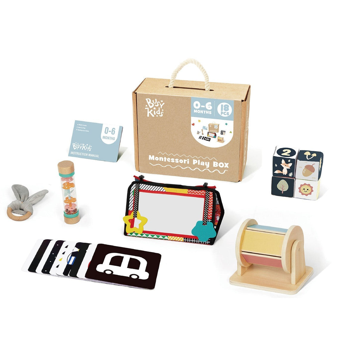 BusyKids Montessori play box for babies aged 0–6 months with sensory toys