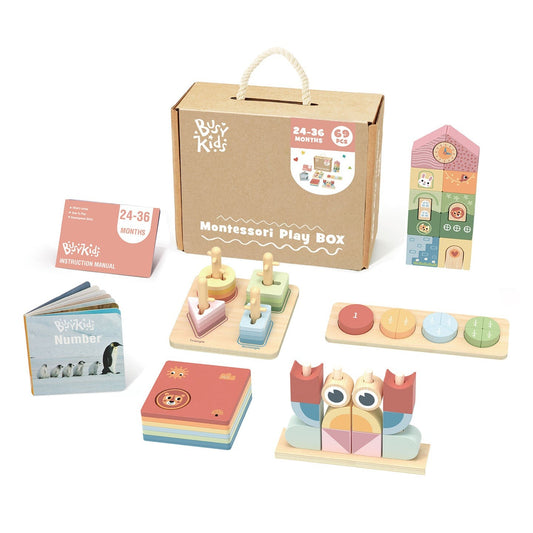 BusyKids Montessori play box for ages 24–36 months with sorting, puzzles and building toys