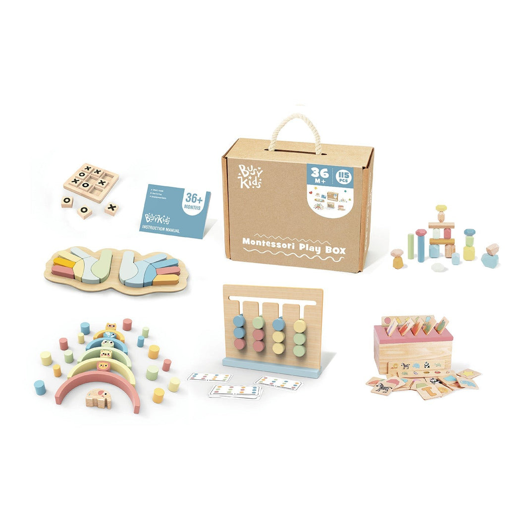 BusyKids Montessori play box for ages 36 months+ with logic and balance toys