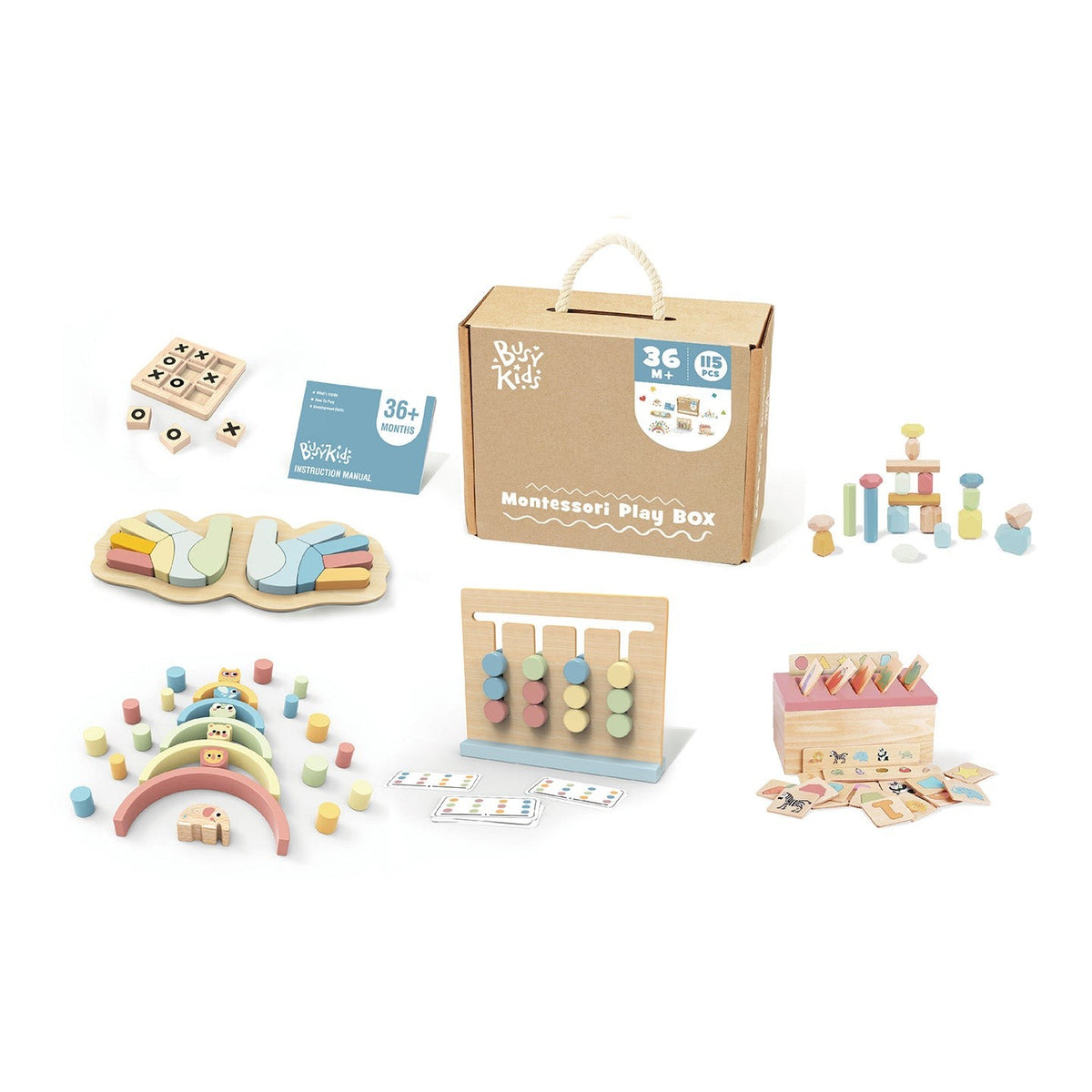 BusyKids Montessori play box for ages 36 months+ with logic and balance toys