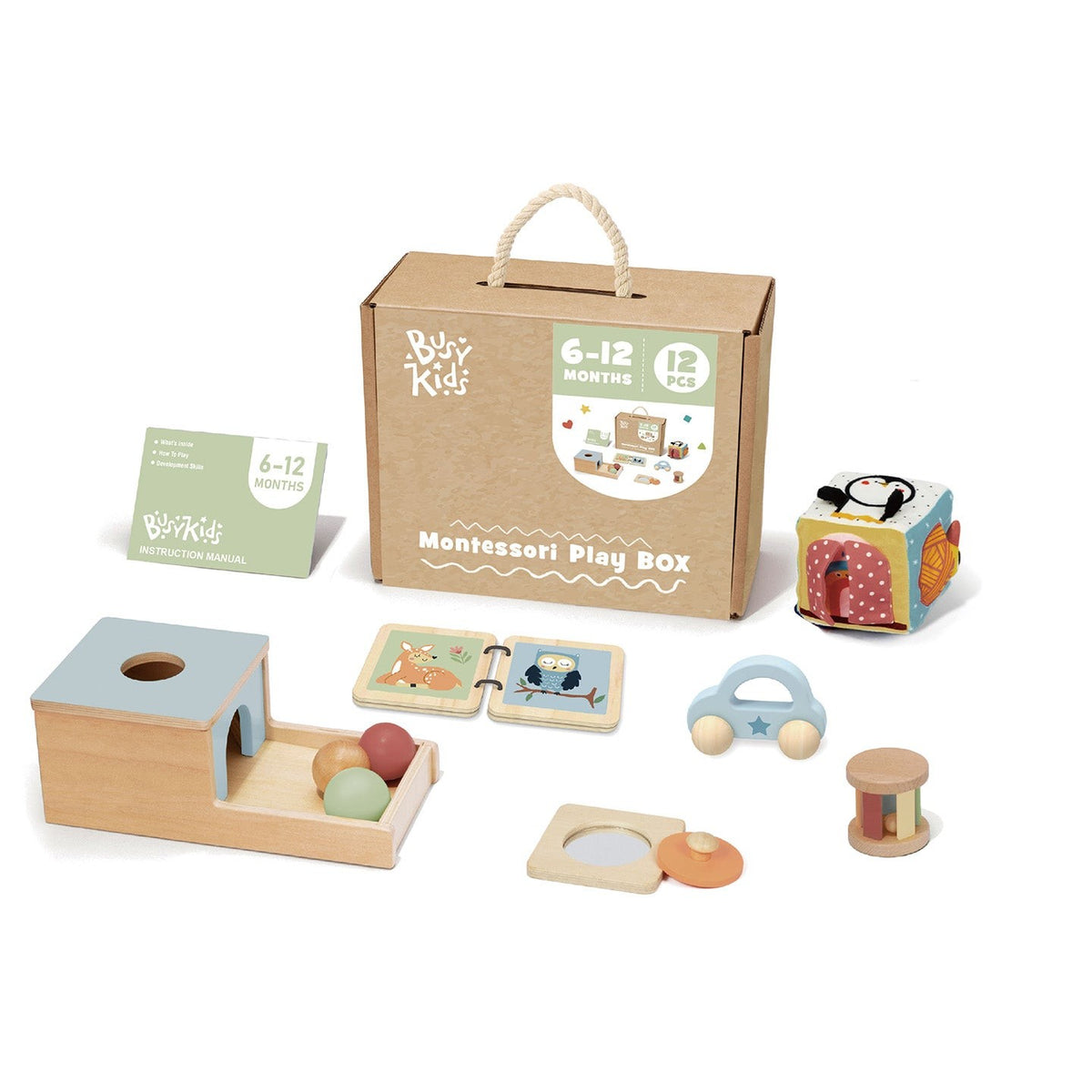 BusyKids Montessori play box for babies aged 6–12 months with developmental toys