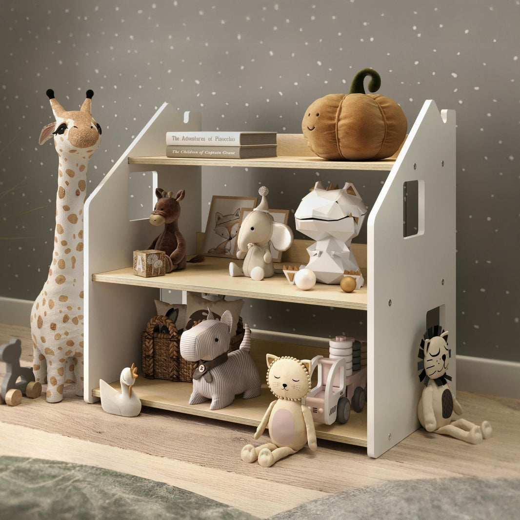 BusyKids Montessori toy storage shelf in Grey and White