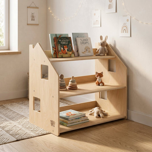 BusyKids Montessori natural toy storage shelf with open compartments