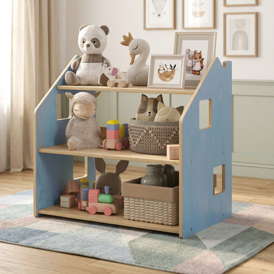 BusyKids Montessori pastel toy storage shelf with open compartments