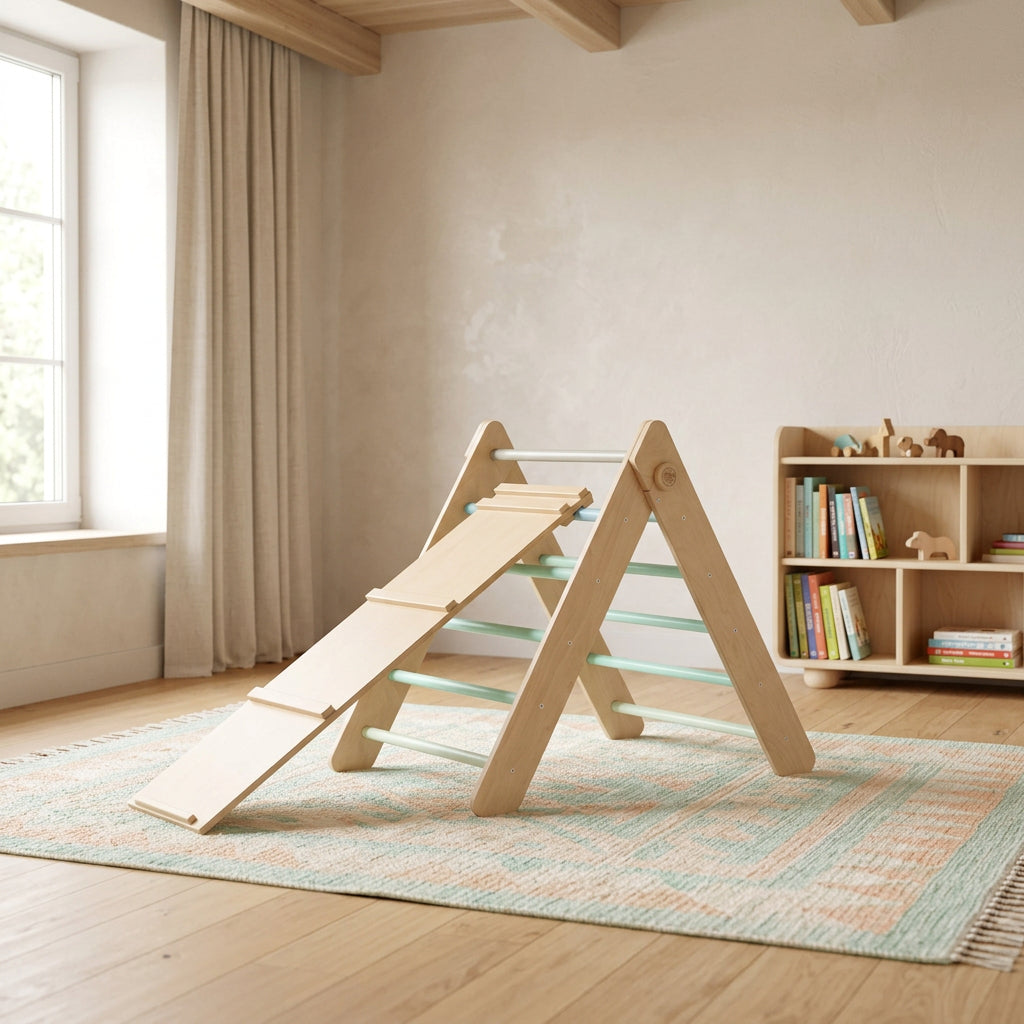 BusyKids Pikler climbing triangle set with reversible slide and climbing ramp