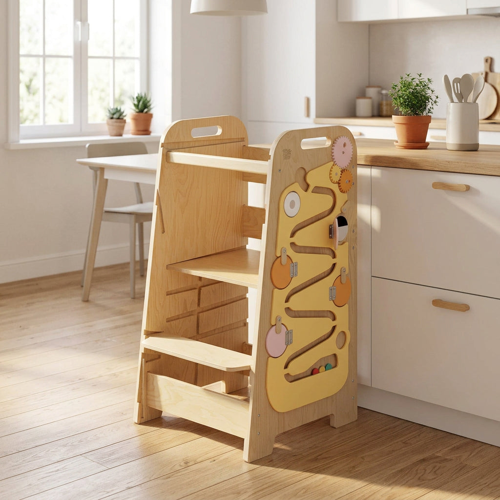 BusyKids Play XL 5-in-1 Yellow learning tower with drawing and activity board