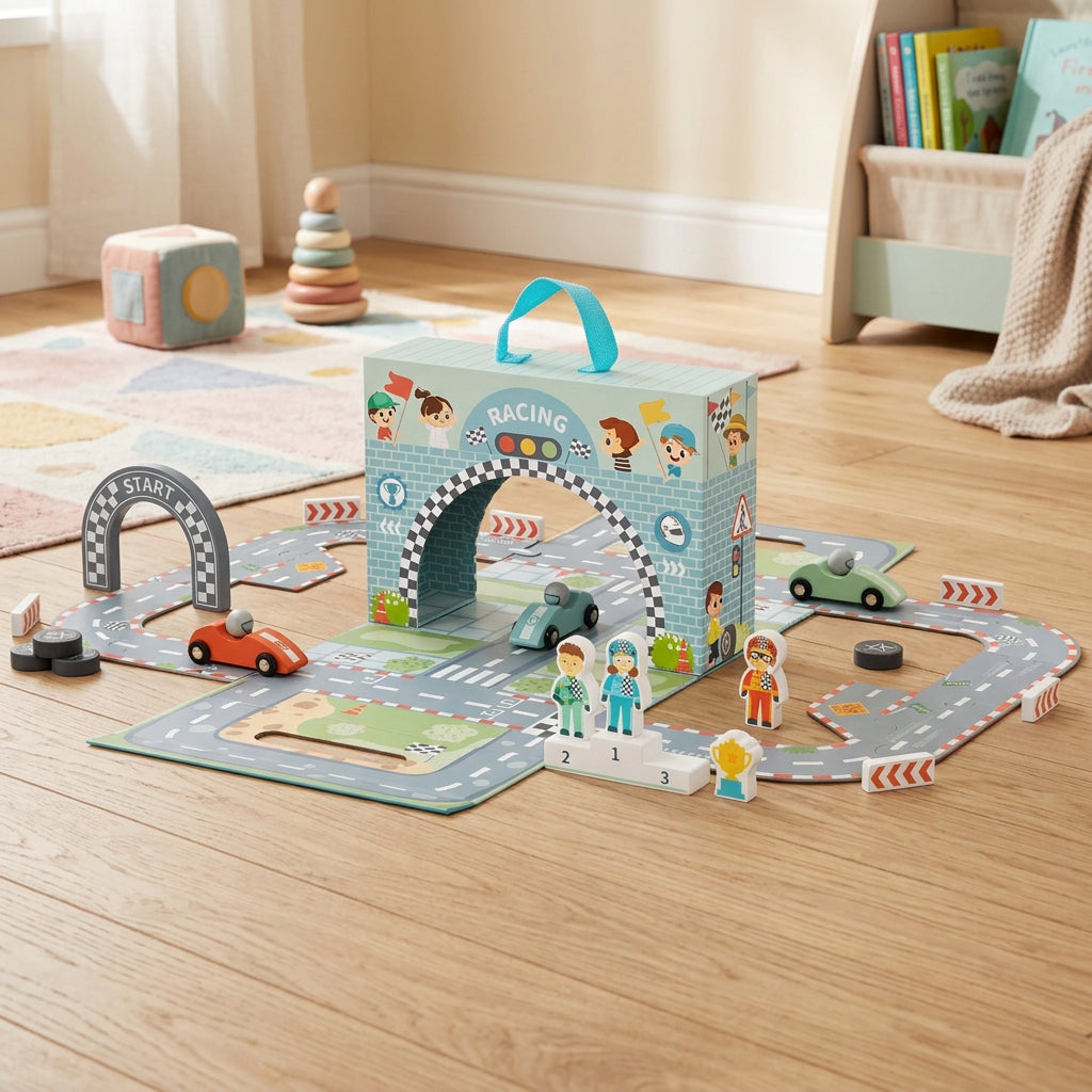 BusyKids Portable Racing Play Box – foldable racing-themed play set