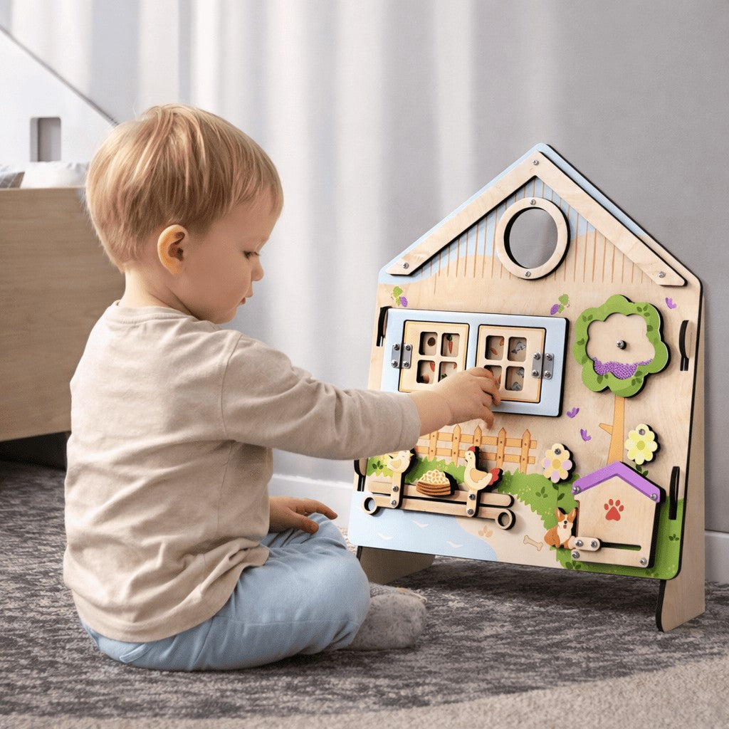 BusyKids UNIVERSAL wooden activity board with interactive elements