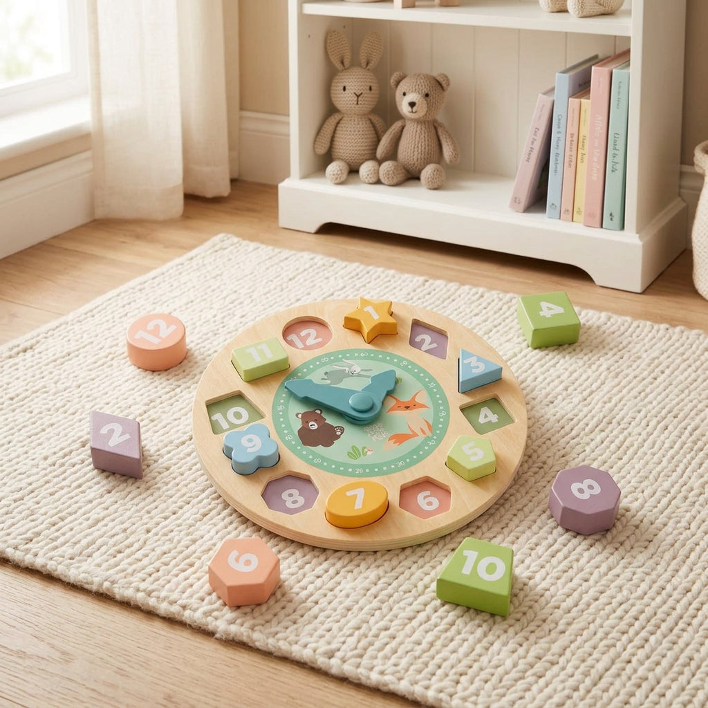 BusyKids Wooden Clock Sorting Puzzle with numbered shapes and movable hands