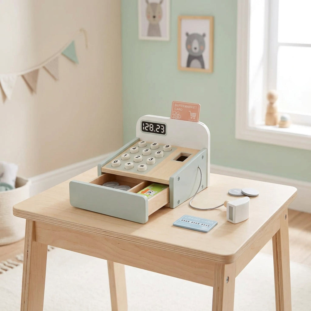 BusyKids Wooden Toy Cash Register with scanner and play money