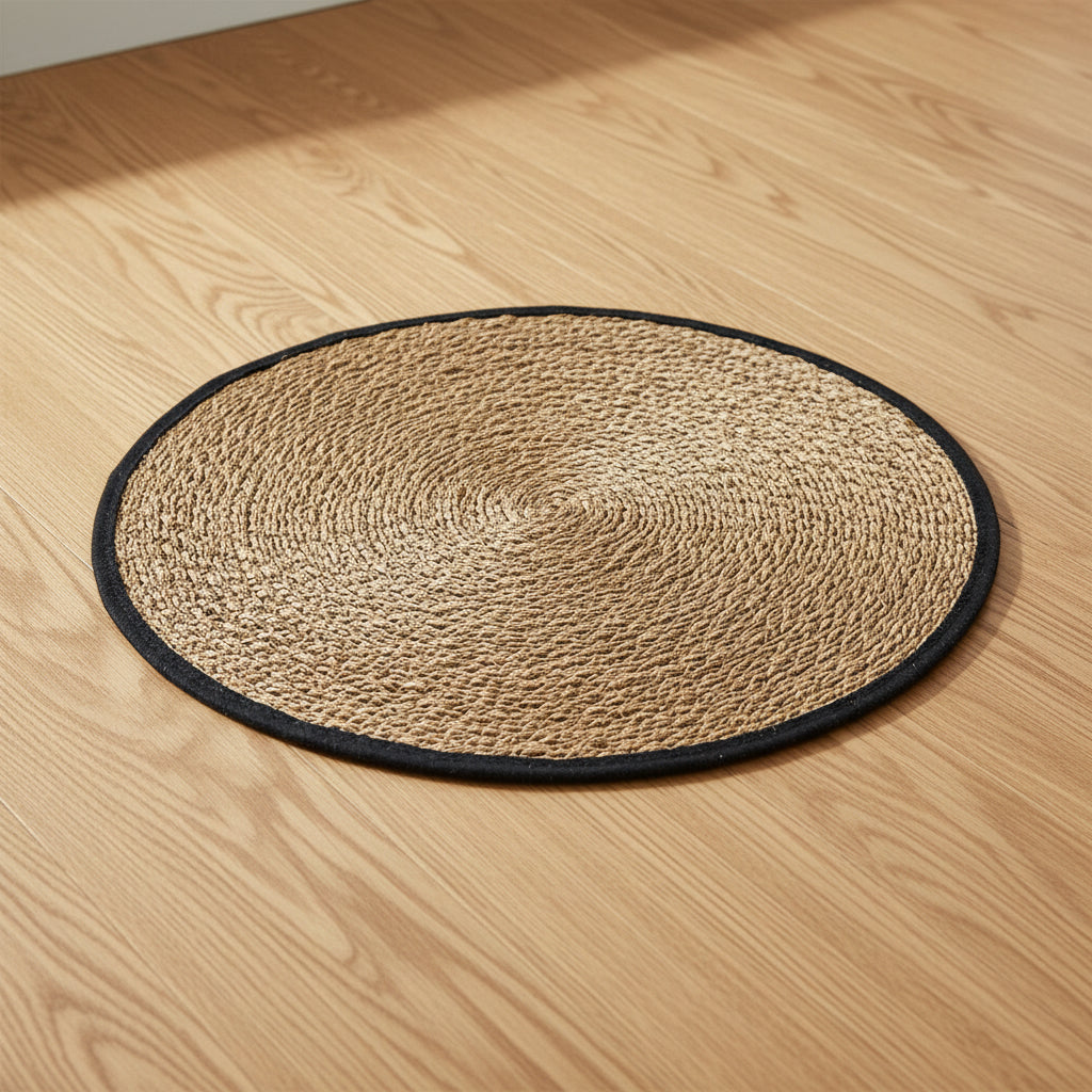 round natural fibre carpet in brown and black tones for home use