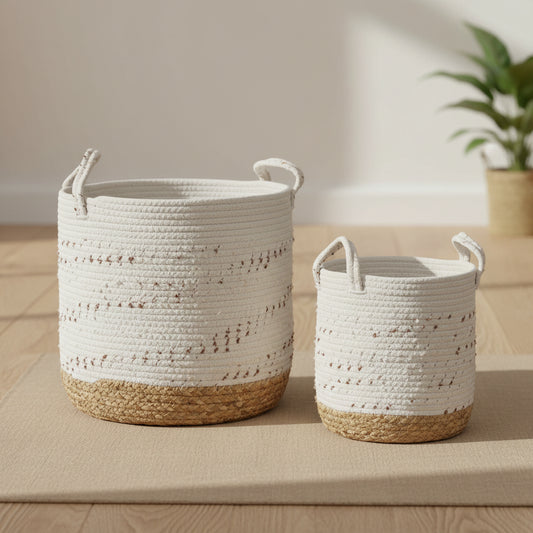 cotton storage basket set in natural and white tones used for home organization