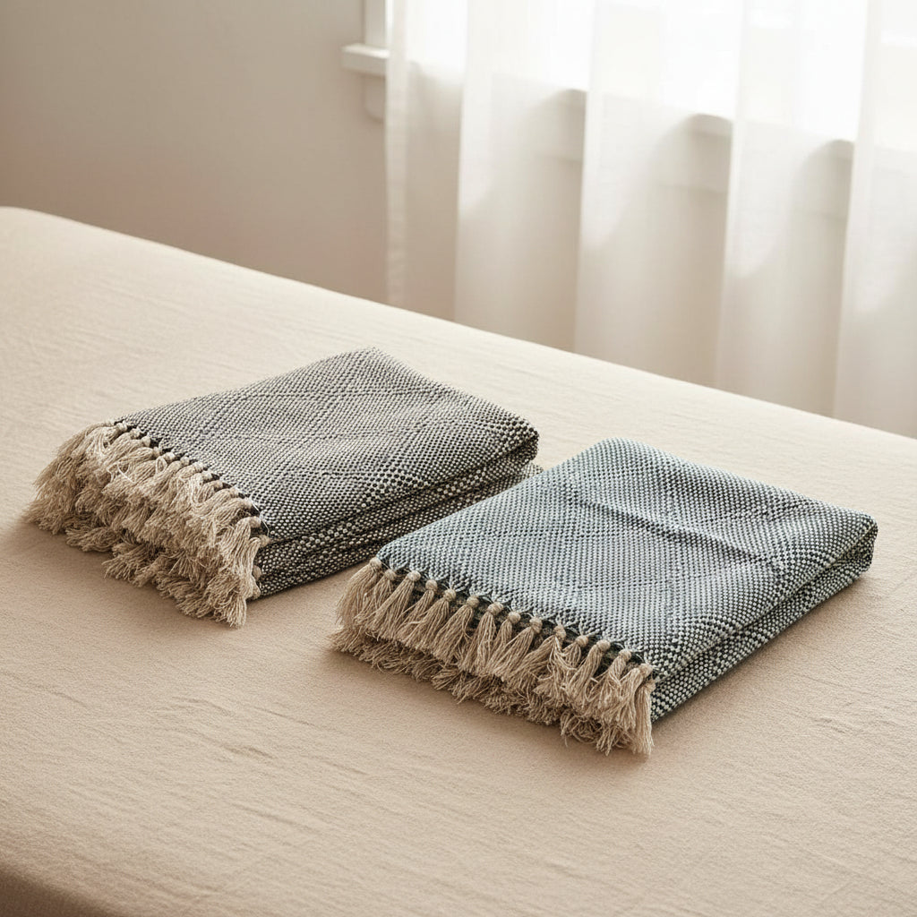 cotton blanket set in blue and grey tones with geometric pattern