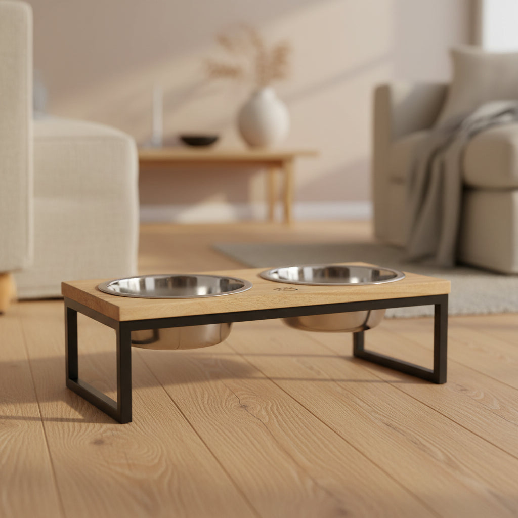 elevated pet feeder with mango wood and metal frame
