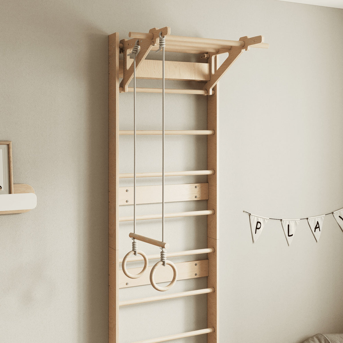 EVERGYM wooden gymnastic rings for kids with natural wood finish