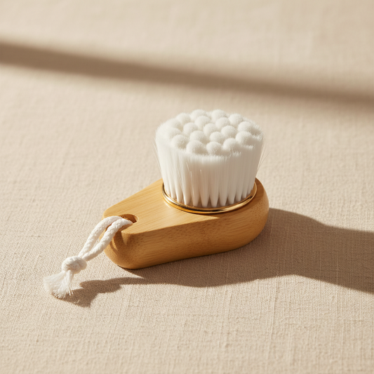 facial cleansing brush with bamboo handle and soft bristles for skincare routine